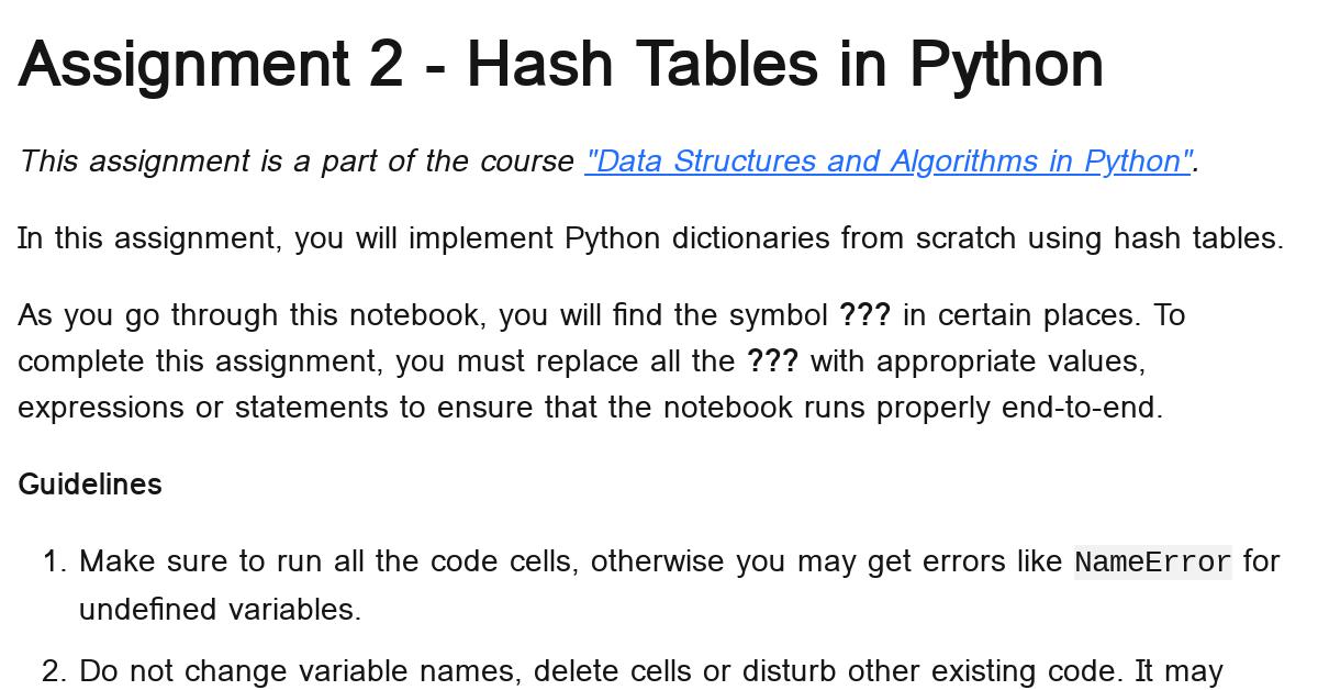 Python Hash Tables Assignment - Notebook By Aakash Rao N S (aakashns ...